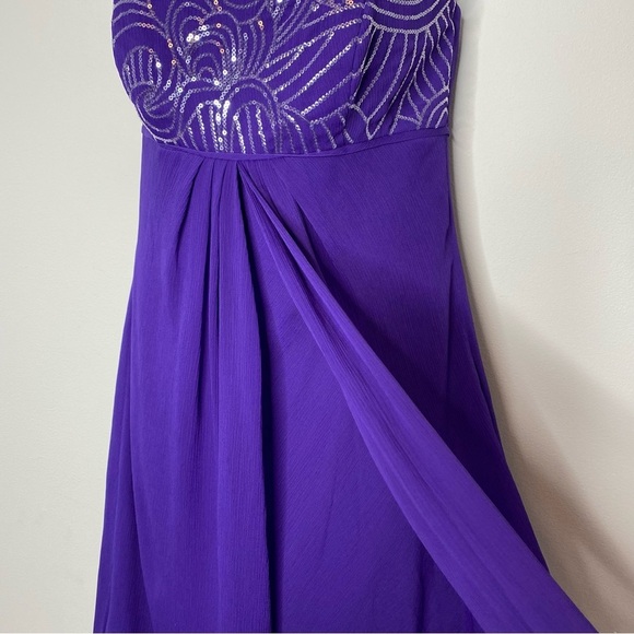 David's Bridal Purple and Silver SequinStrapless Split Front Chiffon Skirt Dress - Picture 3 of 12